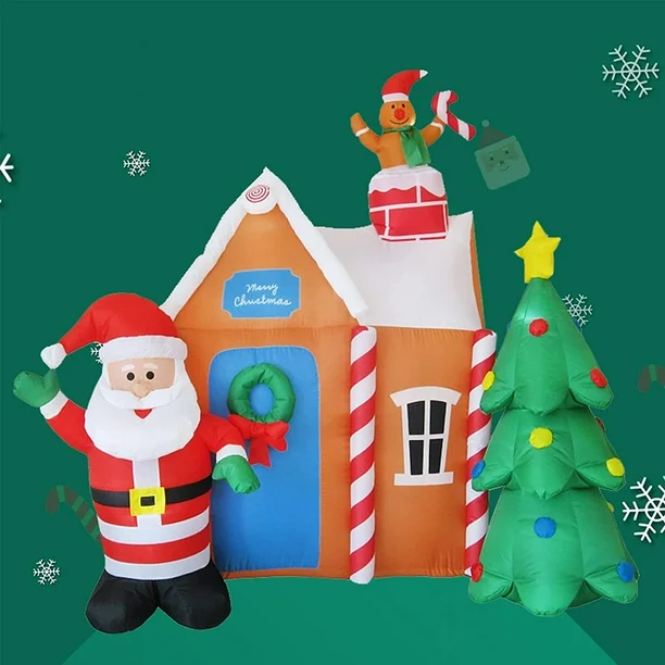 Inflable navideño de Santa Claus con casa y árbol